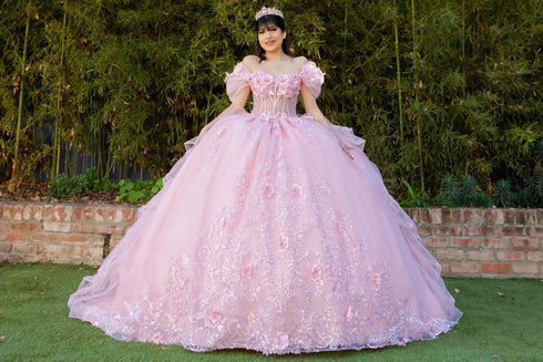 3D Floral Quinceañera Gown with Butterfly Details and Royal Train for Women 4/XS-16/3X